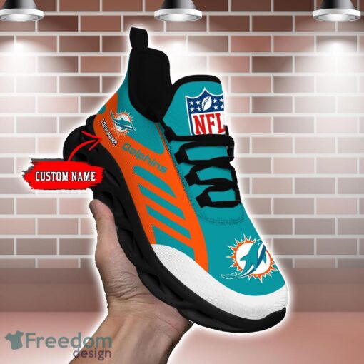 Striped Custom Name Sneakers Miami Dolphins NFL Max Soul Shoes For Men And Women Product Photo 1