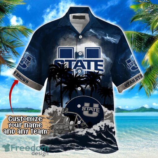 Utah State Aggies NCAA Hawaiian Shirt Coconut Tree Waves Beach Hawaii Shirt Custom Name For Fans Product Photo 2