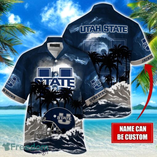 Utah State Aggies NCAA Hawaiian Shirt Coconut Tree Waves Beach Hawaii Shirt Custom Name For Fans Product Photo 1