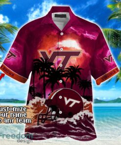 Virginia Tech Hokies NCAA Hawaiian Shirt Coconut Tree Waves Beach Hawaii Shirt Custom Name For Fans Product Photo 2