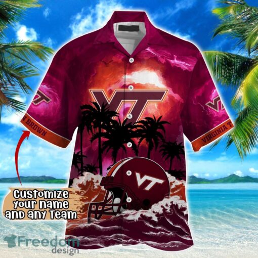 Virginia Tech Hokies NCAA Hawaiian Shirt Coconut Tree Waves Beach Hawaii Shirt Custom Name For Fans Product Photo 2