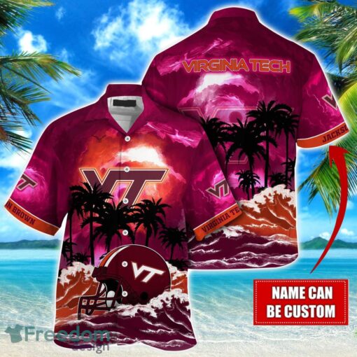 Virginia Tech Hokies NCAA Hawaiian Shirt Coconut Tree Waves Beach Hawaii Shirt Custom Name For Fans Product Photo 1