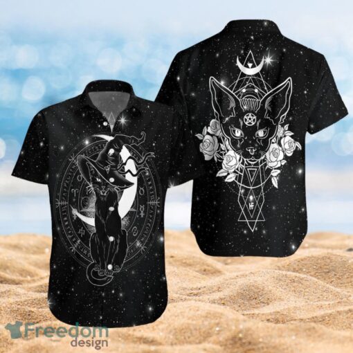 Wicca Black Cat Halloween Gifts Black Shirt Full Over Print Hawaiian Shirt Product Photo 1