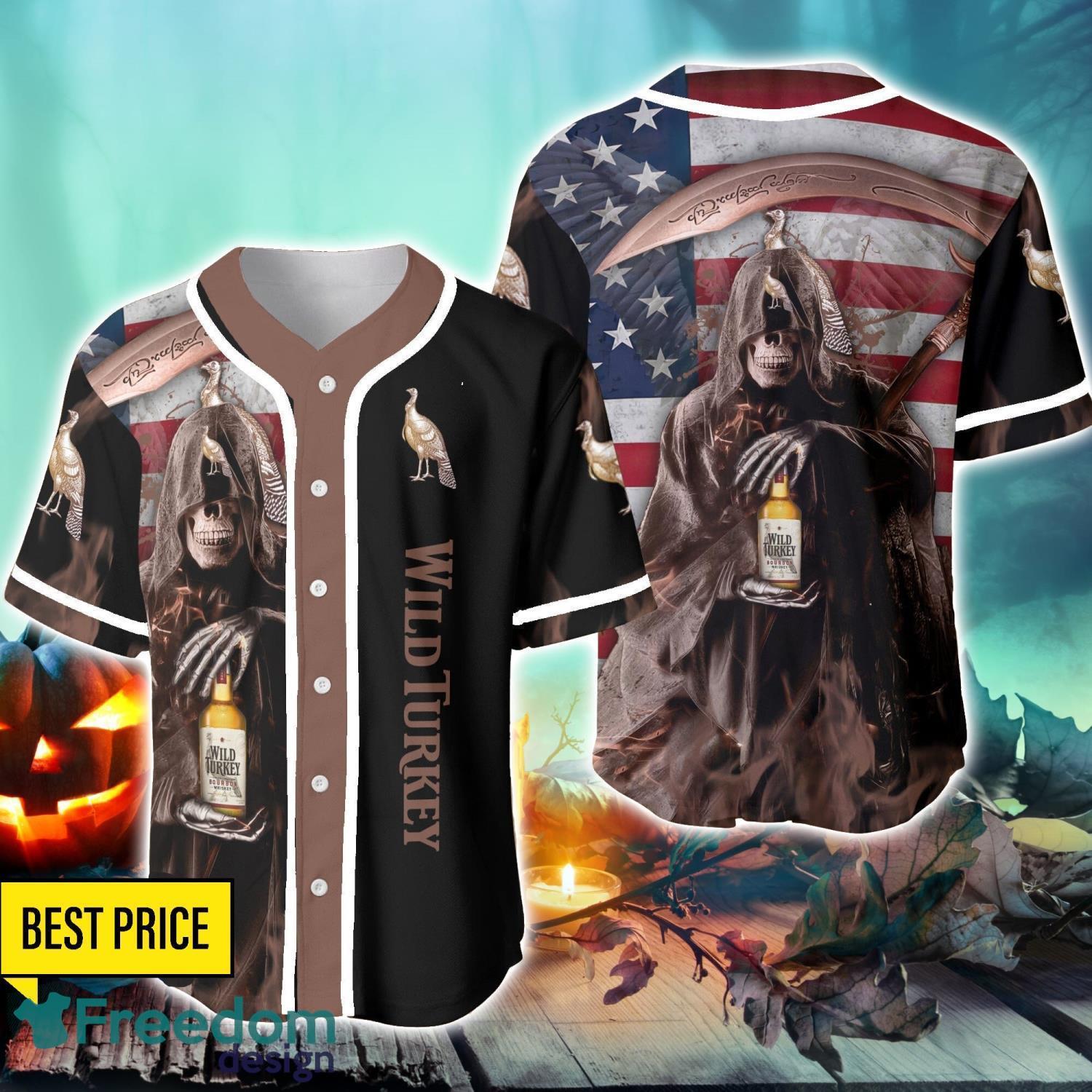 Wild Turkey Usa Flag Flame Death Hodling Halloween Baseball Jersey Shirt For Fans image Wild Turkey Usa Flag Flame Death Hodling Halloween Baseball Jersey Shirt For Fans Product Photo 1