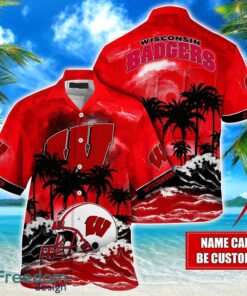 Wisconsin Badgers NCAA Hawaiian Shirt Coconut Tree Waves Beach Hawaii Shirt Custom Name For Fans Product Photo 1