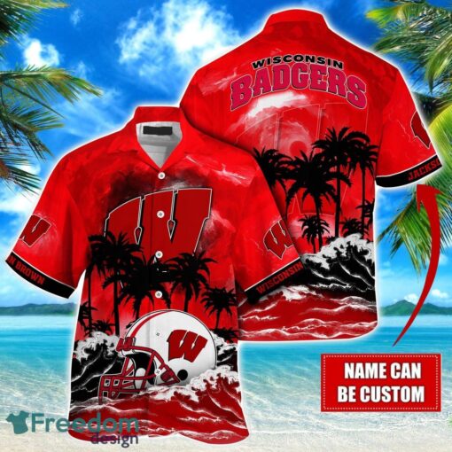 Wisconsin Badgers NCAA Hawaiian Shirt Coconut Tree Waves Beach Hawaii Shirt Custom Name For Fans Product Photo 1