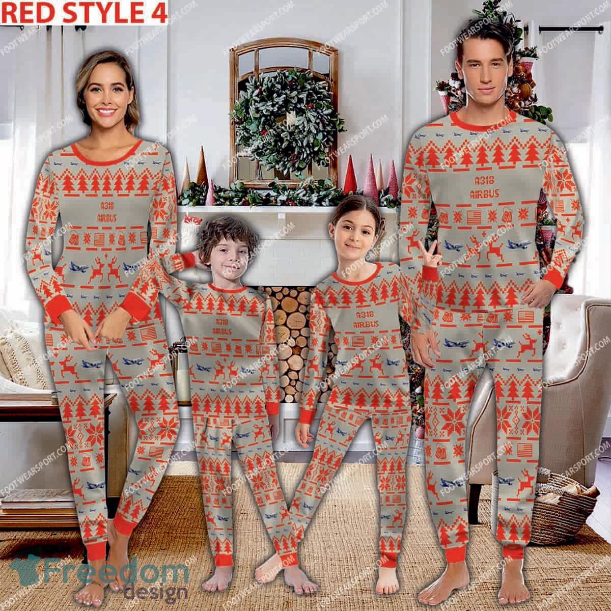Airbus A318 Ugly Christmas Aircraft Pajamas Set Gift For Family image Airbus A318 Ugly Christmas Aircraft Pajamas Set Gift For Family - Airbus A318 Aircraft Pajamas Set Family Photo Red