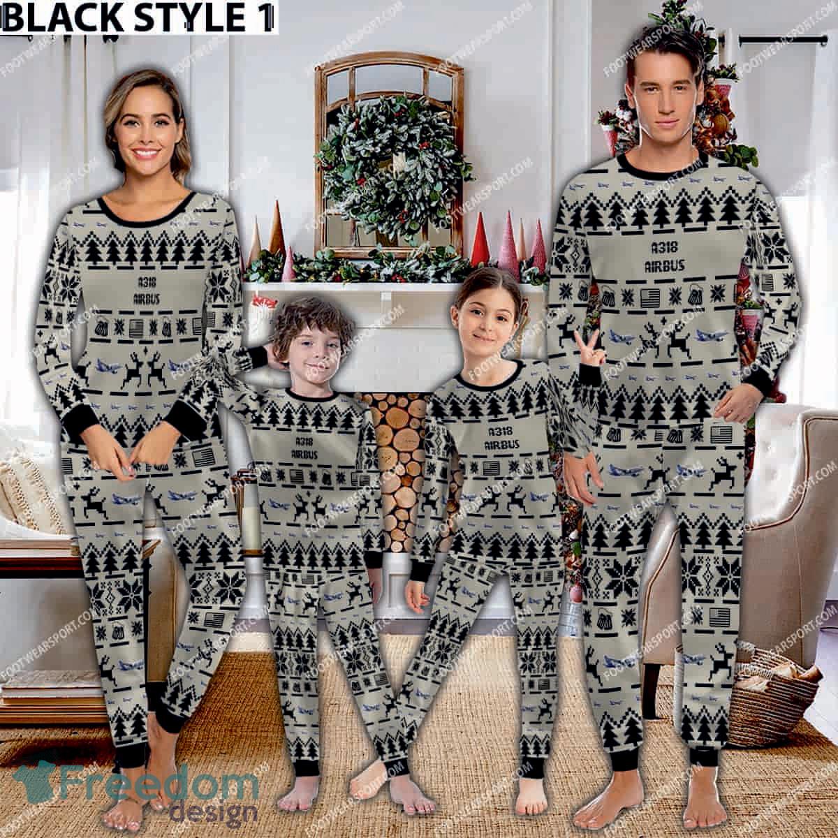 Airbus A318 Ugly Christmas Aircraft Pajamas Set Gift For Family image Airbus A318 Ugly Christmas Aircraft Pajamas Set Gift For Family - Airbus A318 Aircraft Pajamas Set Family Photo Black