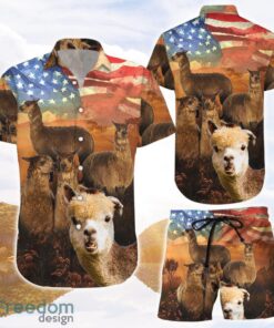 Alpaca Hawaiian Shirt and Shorts Alpaca Sunset American Flag Hawaii Shirt Gift For Alpaca Lovers