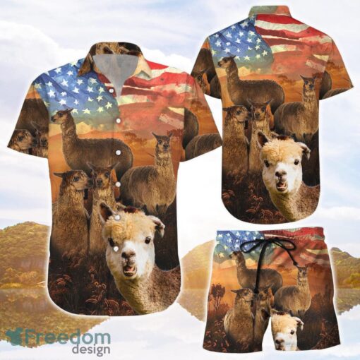 Alpaca Hawaiian Shirt and Shorts Alpaca Sunset American Flag Hawaii Shirt Gift For Alpaca Lovers Product Photo 1