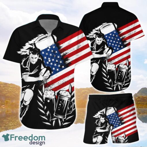 America Football And Beer 3D Printing Hawaiian Shirt USA Flag Black Background Gifts Product Photo 1