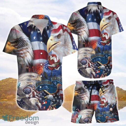 American Eagle Beach Shirt American 4th July Independent Day Hawaiian Shirts and Shorts Product Photo 1