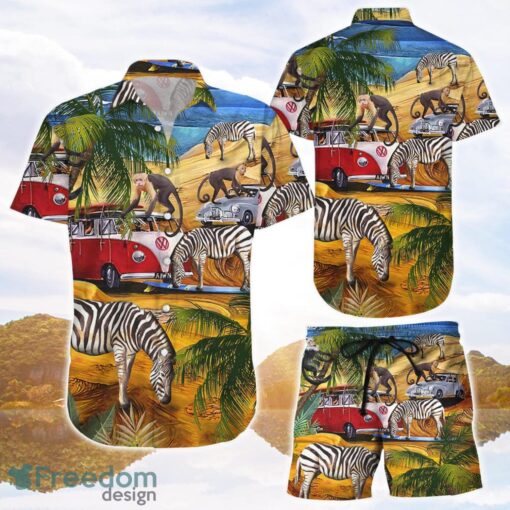 Animal Print Shirt Monkey And Zebra With Car Button Down Hawaiian Shirts and Shorts Product Photo 1