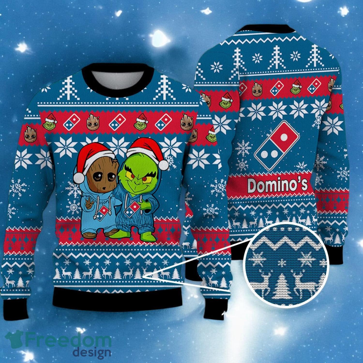 Baby Groot and Grinch Ugly Sweater domino's pizza Christmas Sweater For Men Women Hoiliday Gift image Baby Groot and Grinch Ugly Sweater domino's pizza Christmas Sweater For Men Women Hoiliday Gift