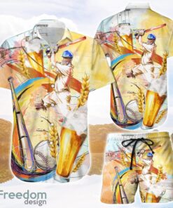 Baseball Athletes And Beer 3D Hawaii Shirt Stadium Watercolor Gifts Unisex 3D Hawaiian Shirt and Shorts