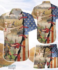 Baseball Hawaiian Shirt and Shorts Baseball American Flag Vintage Hawaii Shirt Gifts For Baseball Lovers