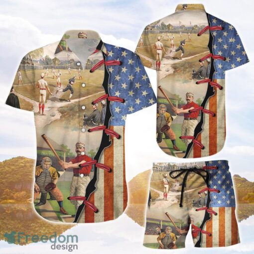 Baseball Hawaiian Shirt and Shorts Baseball American Flag Vintage Hawaii Shirt Gifts For Baseball Lovers Product Photo 1