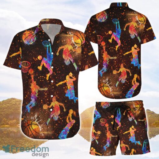 Basketball Hawaiian Shirt and Shorts Basketball Watercolor Colorful Hawaii Shirt Gifts For Basketball Lovers Product Photo 1