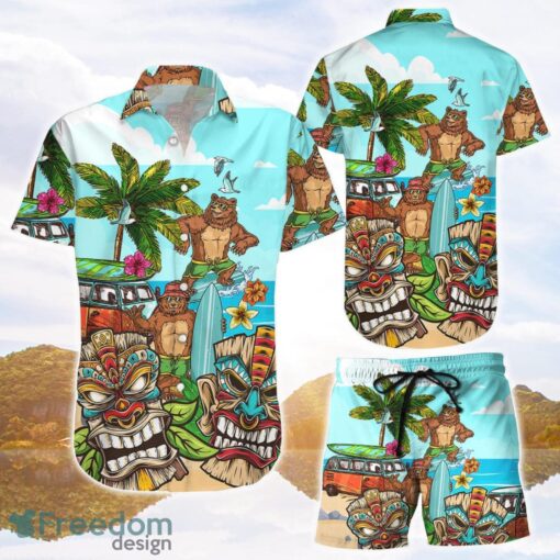 Bear Hawaiian Shirt and Shorts Bear And Native Tiki Button Down Shirts Tropical Themed Gift Ideas Product Photo 1