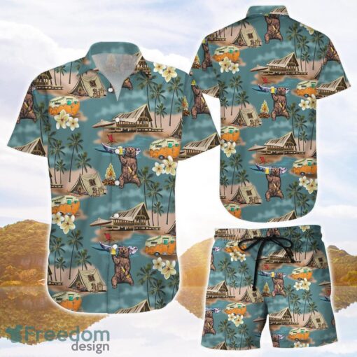 Bear Hawaiian Shirt and Shorts Bear Drinking Camping Button Down Shirts Best Gift For Summer Camp Product Photo 1