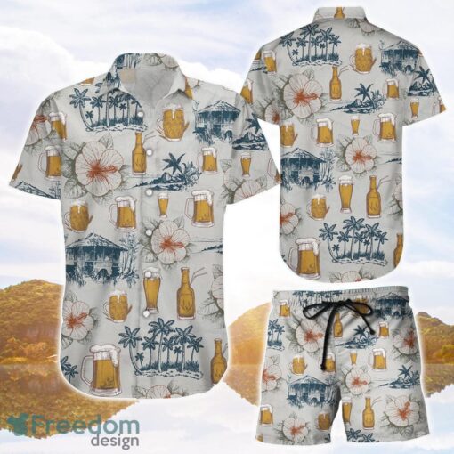 Beer Hawaiian Shirt and Shorts Coconut Tree With Hibicus Background Hawaii Shirt Aloha Gift Ideas Product Photo 1