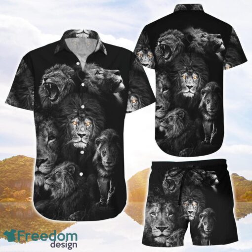 Black Lion Shirt Roaring Lion Black and White Hawaiian Shirt and Shorts Gift For Lion Lovers Product Photo 1