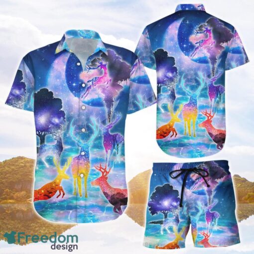 Blue Deer Shirt Deer Galaxy At Moon Night Button Down Shirts Gift For Deer Lovers Product Photo 1