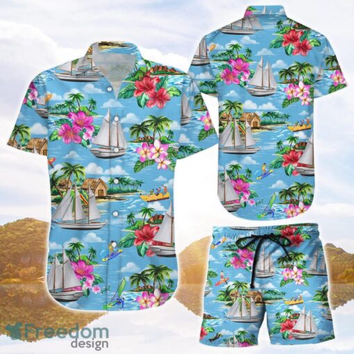 Boat Hawaiian Shirt and Shorts Blue Sailing Boat On The Beach Hawaii Shirt Summer Holiday Presents Product Photo 1