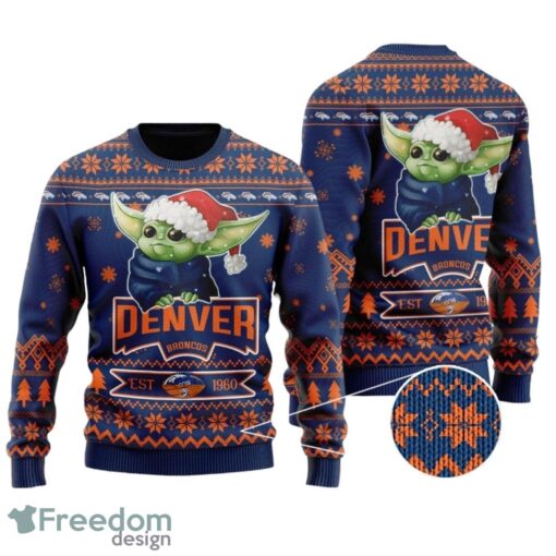 Denver Broncos Cute Baby Yoda Grogu Holiday Party All Over Print Sweater Product Photo 1