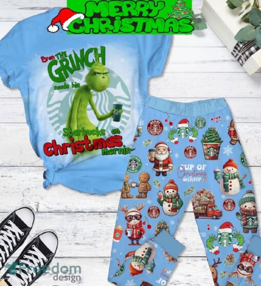 Even The Grinch Needs His Starbucks On Christmas Morning Fleece Pajamas Set Full Print Christmas For Women - Even The Grinch Needs His Starbucks On Christmas Morning Fleece Pajamas Set-1