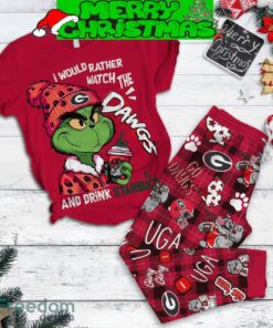 Georgia Bulldogs Grinch Drink Starbucks Fleece Pajamas Set For Christmas - Georgia Bulldogs Grinch Drink Starbucks Fleece Pajamas Set-1