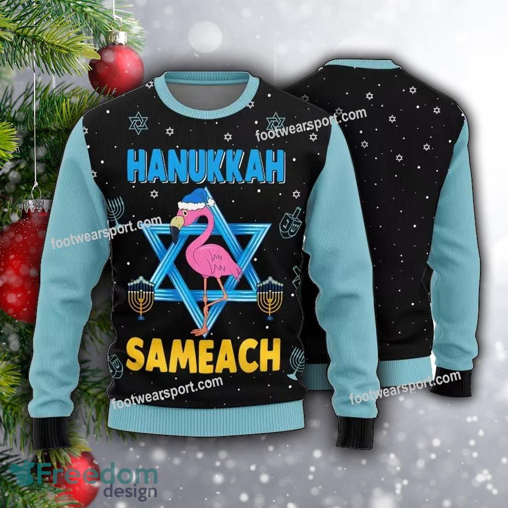 Hanukkah Sameach Flamingo black Ugly Xmas 3D Sweater image Hanukkah Sameach Flamingo black Ugly Xmas 3D Sweater - Hanukkah Sameach Flamingo black Ugly Xmas 3D Sweater