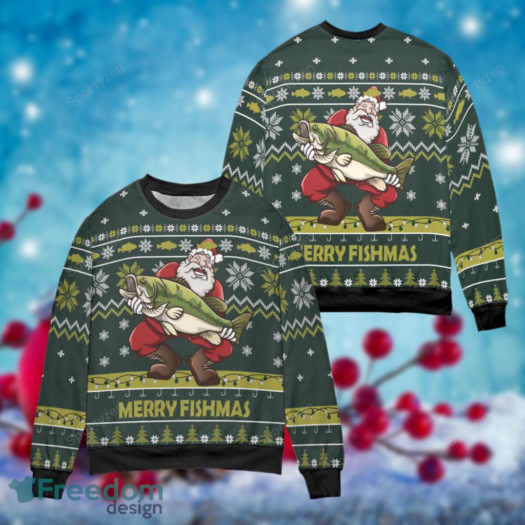 Merry Fishmas Santa Claus Loves Fishing Christmas Ugly Sweater 3D image Merry Fishmas Santa Claus Loves Fishing Christmas Ugly Sweater 3D Product Photo 1