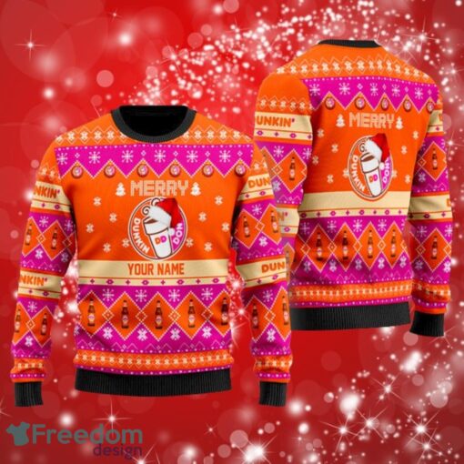 Merry Santa Hat Dunkin’ Donuts Custom Name Ugly Christmas Sweater Print Full Product Photo 1