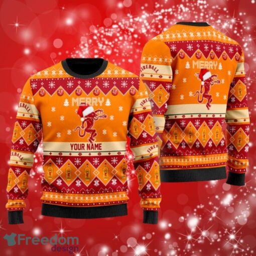 Merry Santa Hat Fireball Whisky Custom Name Ugly Christmas Sweater Print Full Product Photo 1