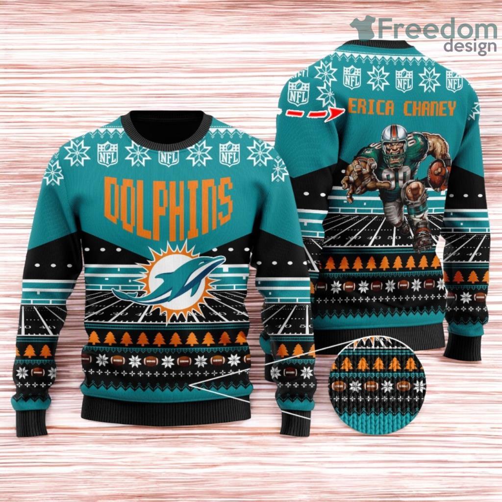 Miami Dolphins Ugly Sweater Mascot NFL Christmas Gifts for big fans image Miami Dolphins Ugly Sweater Mascot NFL Christmas Gifts for big fans Product Photo 1