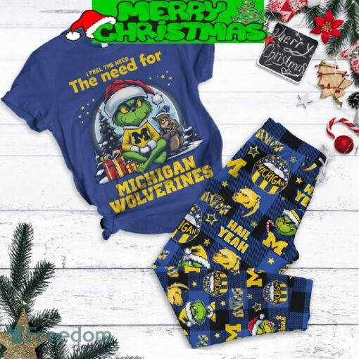 Michigan Wolverines Grinch Christmas I Feel The Need Fleece Pajamas Set All Over Print Christmas Gift - Michigan Wolverines Grinch Christmas I Feel The Need Fleece Pajamas Set-1