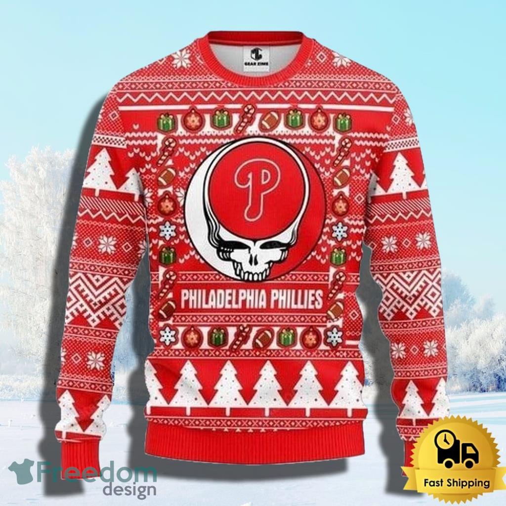 MLB Philadelphia Phillies Ugly Christmas Sweater The Intelligence Of The Skull Unisex Sweater Gift image MLB Philadelphia Phillies Ugly Christmas Sweater The Intelligence Of The Skull Unisex Sweater Gift Product Photo 1
