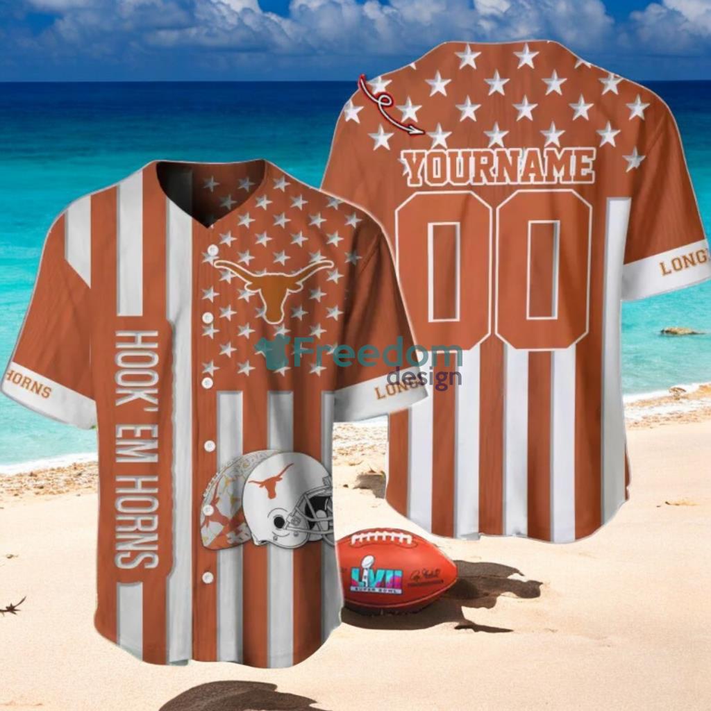 NCAA Texas Longhorns Custom Name And Number Slogan Baseball Jersey Shirt image NCAA Texas Longhorns Custom Name And Number Slogan Baseball Jersey Shirt Product Photo 1