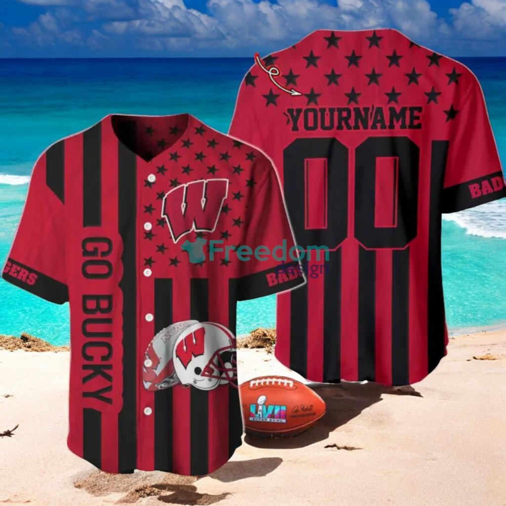 NCAA Wisconsin Badgers Custom Name And Number Slogan Baseball Jersey Shirt image NCAA Wisconsin Badgers Custom Name And Number Slogan Baseball Jersey Shirt Product Photo 1
