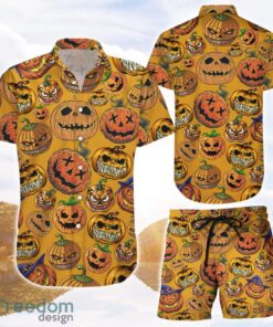 Orange Shirt With Pumpkin Face Halloween Scary Pumpkin Pattern 3D Printing Hawaiian Shirt