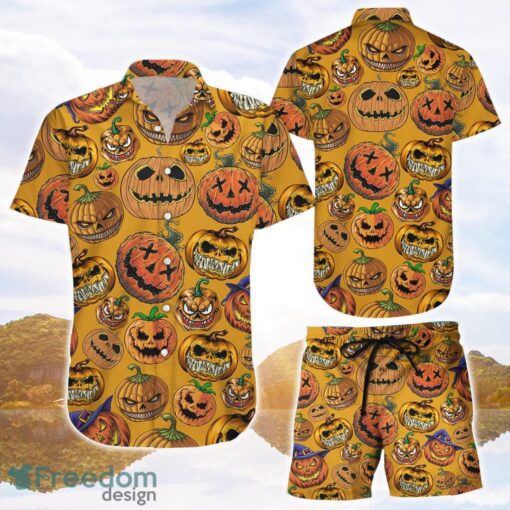 Orange Shirt With Pumpkin Face Halloween Scary Pumpkin Pattern 3D Printing Hawaiian Shirt Product Photo 1