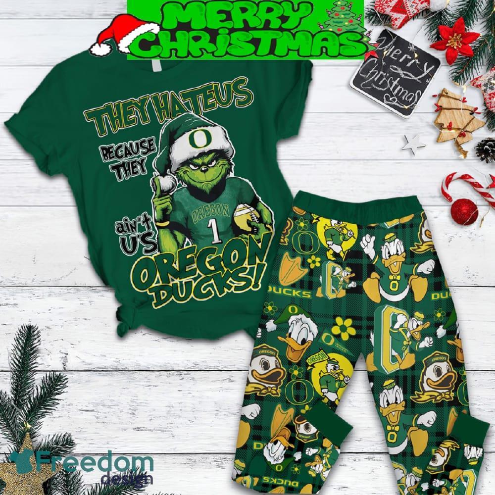 Oregon Ducks Grinch Hate Us Christmas Fleece Pajamas Set Gift Family - Oregon Ducks Grinch Hate Us Christmas Fleece Pajamas Set-1