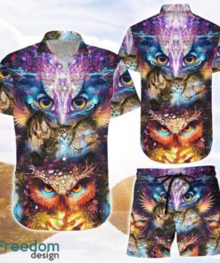 Owl Hawaiian Shirts and Shorts Owl Fractal Fantasy Colorful Button Down Shirts Gift For Owl Lovers