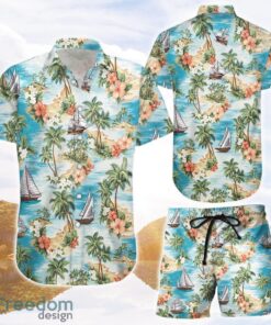 Palm Tree Hawaiian Shirt Tropical Island Palm Tree Sailing Boat Button Down Shirts Summer Holiday Presents