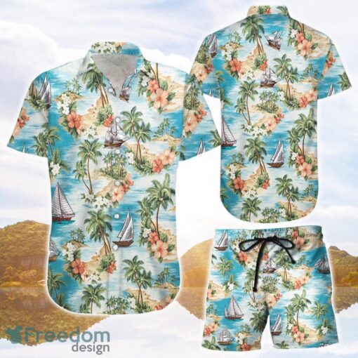 Palm Tree Hawaiian Shirt Tropical Island Palm Tree Sailing Boat Button Down Shirts Summer Holiday Presents Product Photo 1