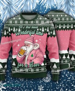 Pink Santa With Beer Knitted Xmas Sweater AOP