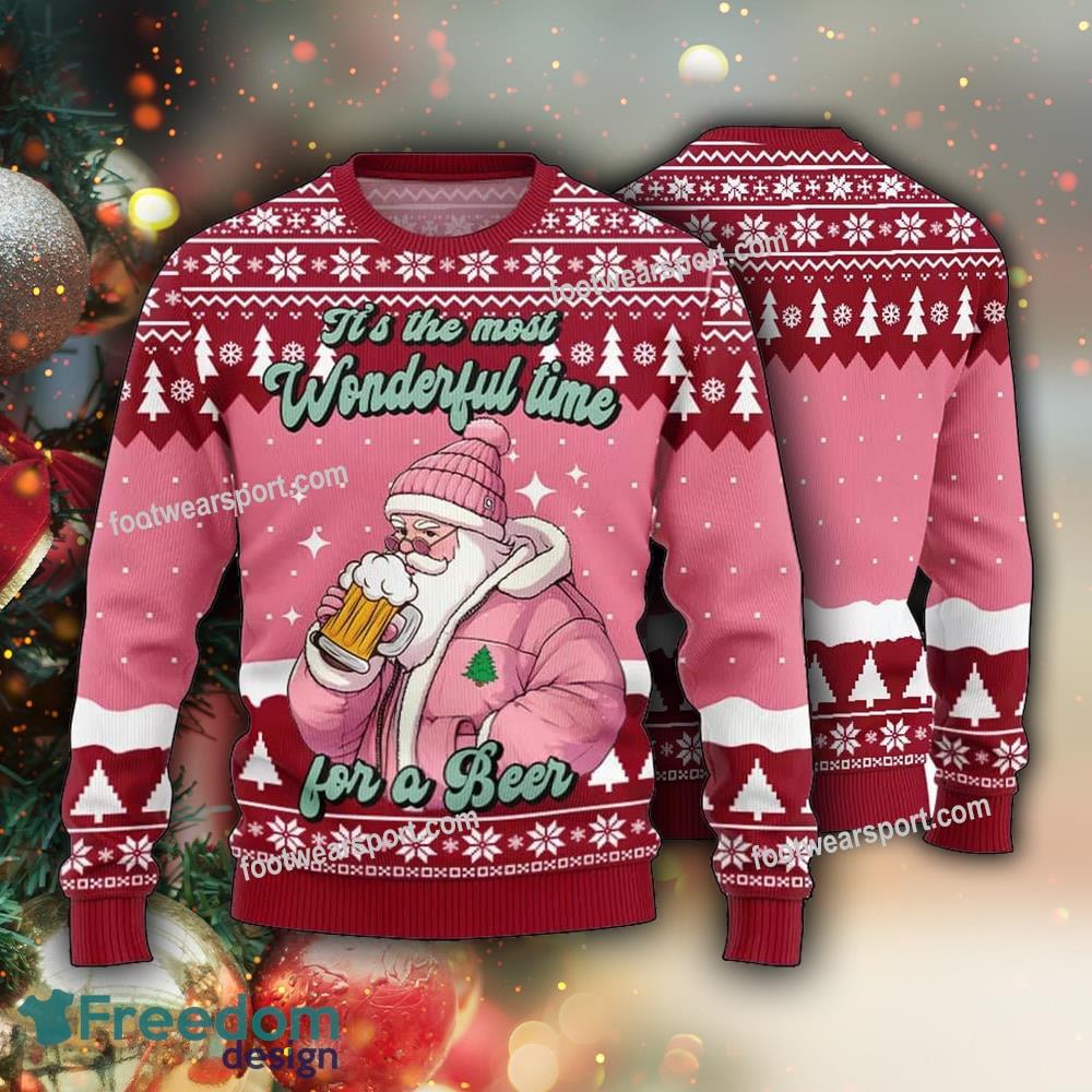 Pink Santa Wonderful Time For A Beer For Unisex Ugly Christmas Sweater image Pink Santa Wonderful Time For A Beer For Unisex Ugly Christmas Sweater - Pink Santa Wonderful Time For A Beer For Unisex Ugly Christmas Sweater