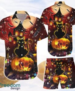 Pumpkin Cat Hawaiian Shirts and Shorts Cat Pumpkin Halloween Night Hawaii Shirt Halloween Gifts