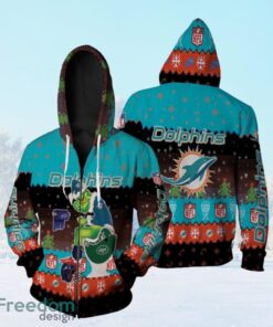 Santa Grinch Miami Dolphins Sitting On Jets Bills Patriots Toilet Christmas Gift For Dolphins Fans Zip Hoodie 3D All Over Print